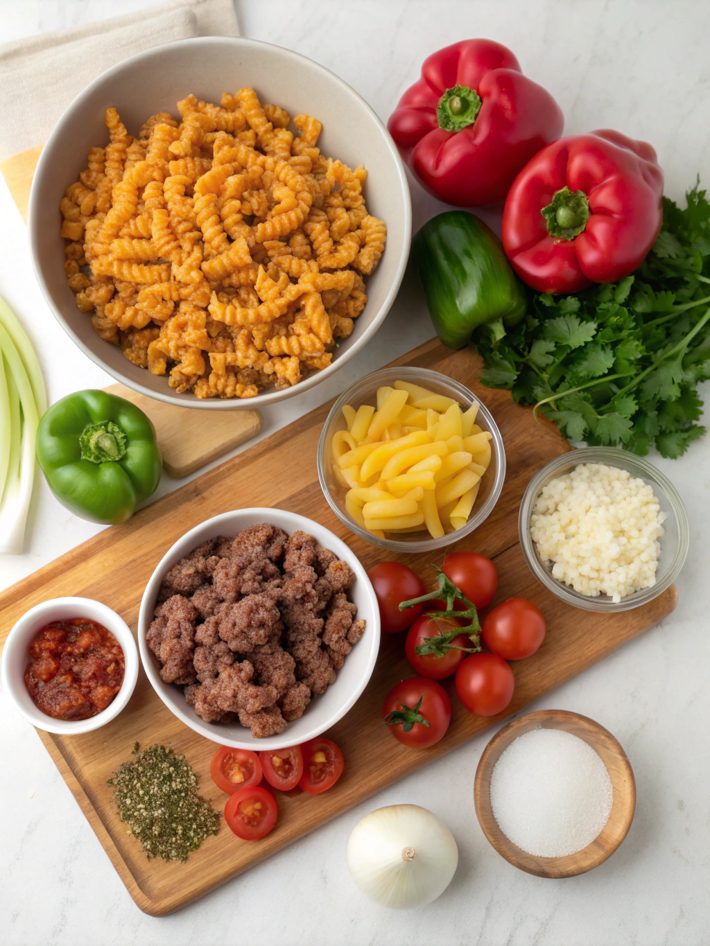 Taco Pasta Skillet ingredients,One Pot Cheesy Taco Pasta